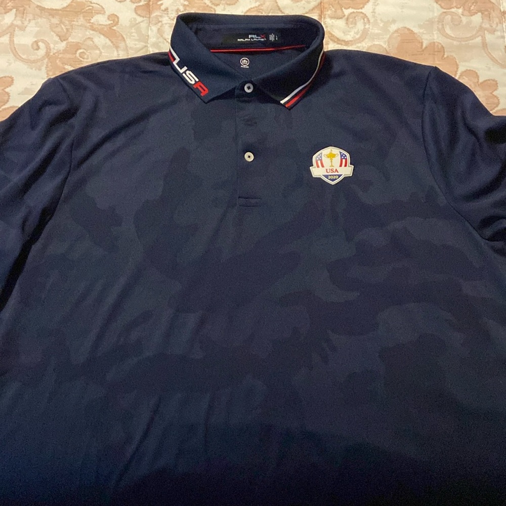 RLX RyderCup polo golf shirt, logo, cameo, USA 2020 short sleeve 3 button front